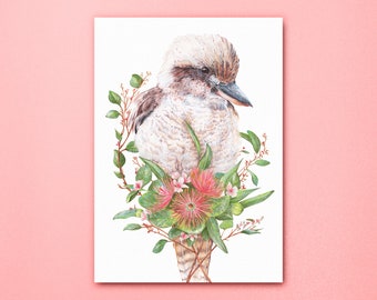 Kookaburra Floral Art Print, Australian Bird Wall Artwork, Birds Portrait Poster, Pink Botanical Flowers, Australian Art Australiana Animals