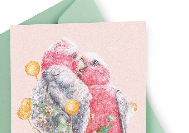 Galah Greeting Card, Pink Bird Love Blank Card with Envelope, Wedding Card, Valentine's Day Card Anniversary Gift, Australian Botanical Card image 2