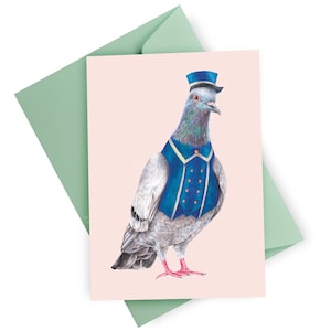 Cartão de felicitações de pombo porteiro, cartão em branco com envelope para pássaros, presente para amantes de pombos, arte engraçada de animais, pássaro vestindo terno