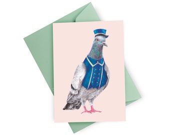 Carte de voeux pigeon de portier, carte vierge oiseau avec enveloppe, cadeau pour amateur de pigeons, art animalier rigolo, oiseau en costume