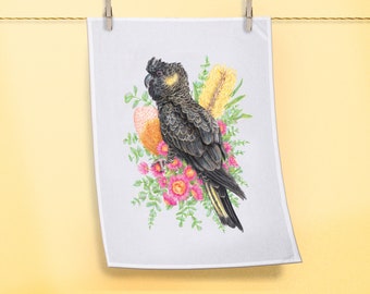 Yellow-tailed Black Cockatoo Tea Towel, Australian Bird Artwork printed on Organic Cotton, Floral Parrot Dish Towel, Botanical Kitchen Towel