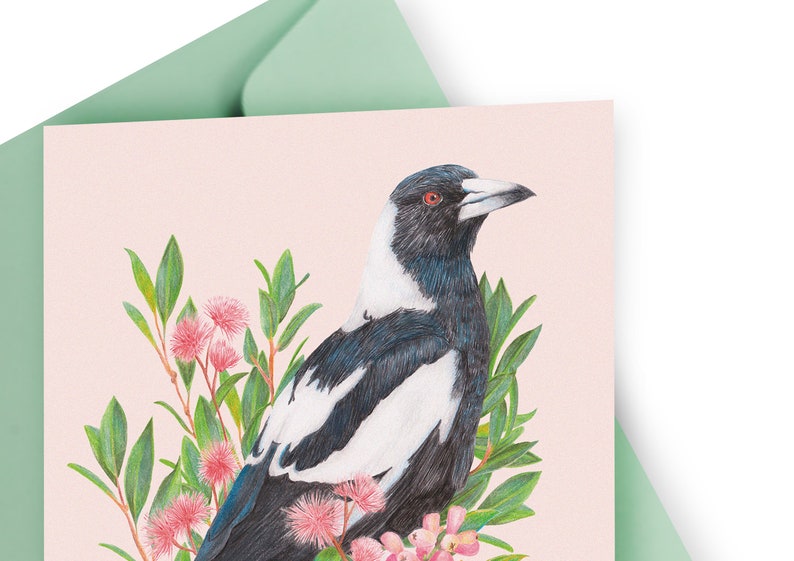 Australian Magpie Floral Greeting Card, Botanical Birds Blank Card, Wedding, Bird Lover Birthday Gift, Australiana Animals image 2