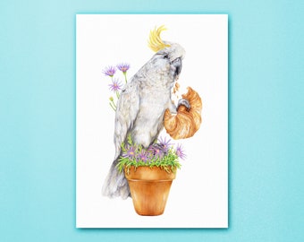 Cockatoo with Croissant Art Print - Sulphur-crested Cockatoo - Cheeky Australian Parrot Wall Decor for Lovers of Birds