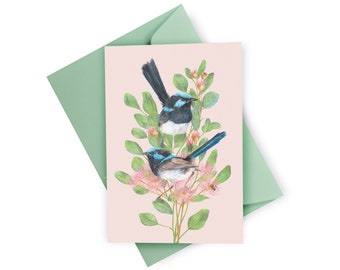 Superb Fairywren Floral Greeting Card, Australian Blues Bird Blank Card for Couples - Valentines Day, Wedding, Engagement Gift