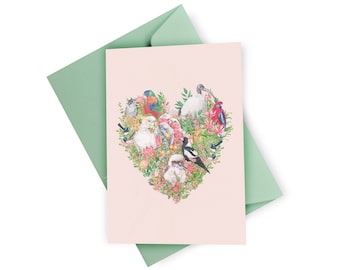 Australian Birds Love Heart Greeting Card, Valentine's Day, Botanical Australiana Bird Art, Wedding Anniversary Gift, Magpie Galah Cockatoo