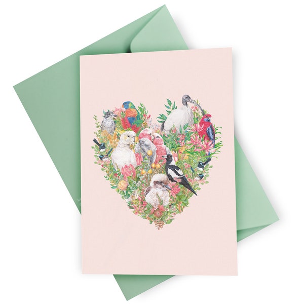 Australische Vögel Liebe Herz Grußkarte, Valentinstag, botanische Australiana Vogel Kunst, Hochzeitstag Geschenk, Elster Galah Kakadu