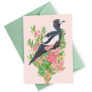 Australian Magpie Floral Greeting Card, Botanical Birds Blank Card, Wedding, Bird Lover Birthday Gift, Australiana Animals image 1