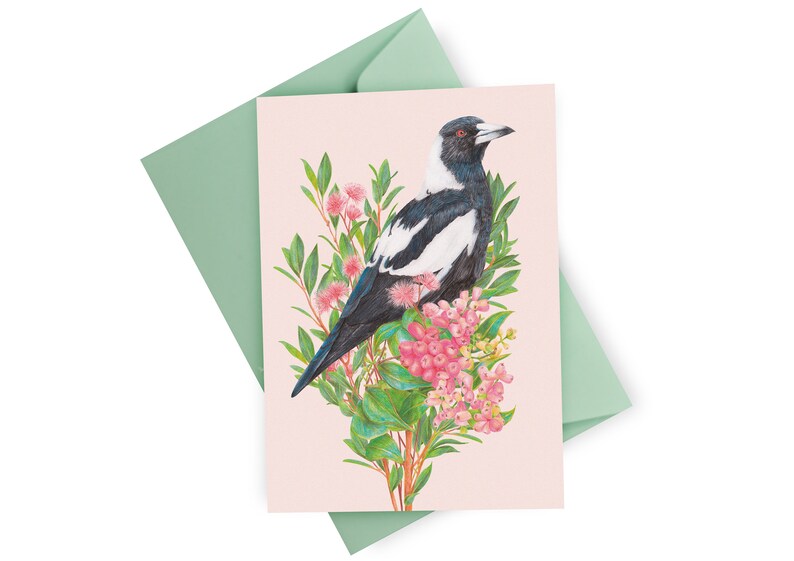 Australian Magpie Floral Greeting Card, Botanical Birds Blank Card, Wedding, Bird Lover Birthday Gift, Australiana Animals image 1