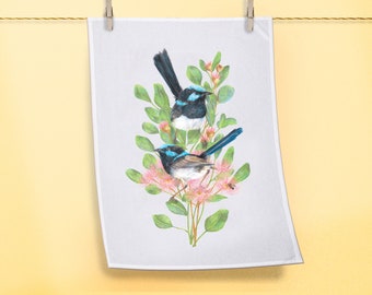 Superb Fairywren Tea Towel, Australian Organic Cotton Dish Towel, Botanical Fairy Wren Blue Bird Kitchen Towel Made in Australia,100% cotton