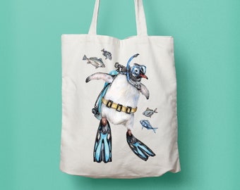 Scuba Diver Penguin Tote Bag, Cute Animal in Costume going Swimming, Silly Animals, Shopping or Book Bag for Beach + Adventure Lovers