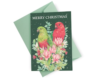 King Parrots Merry Christmas Greeting Card - Australian Bird Xmas Card featuring Native Flowers of Australia