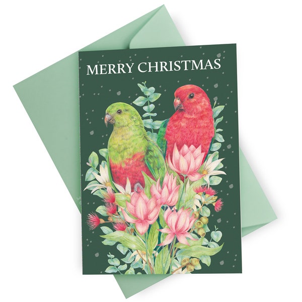 King Parrots Merry Christmas Greeting Card - Australian Bird Xmas Card featuring Native Flowers of Australia