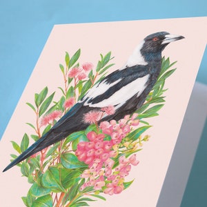 Australian Magpie Floral Greeting Card, Botanical Birds Blank Card, Wedding, Bird Lover Birthday Gift, Australiana Animals image 4