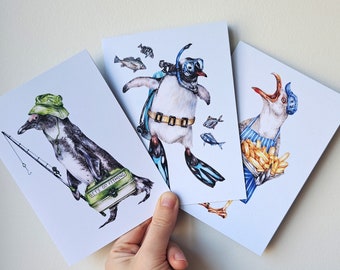 Lot de 3 cartes de voeux représentant des animaux rigolos en tenue, des animaux avec un chapeau et des costumes, des cadeaux rigolos pour les anniversaires et toutes les occasions, des pingouins + des oiseaux