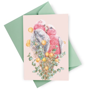 Galah Greeting Card, Pink Bird Love Blank Card with Envelope, Wedding Card, Valentine's Day Card Anniversary Gift, Australian Botanical Card image 1