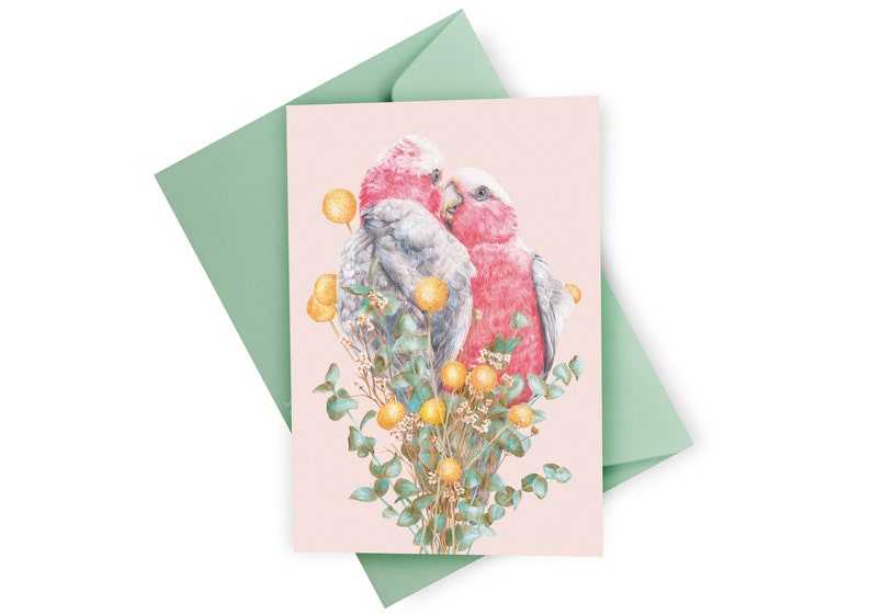 Galah Greeting Card, Pink Bird Love Blank Card with Envelope, Wedding Card, Valentine's Day Card Anniversary Gift, Australian Botanical Card image 1
