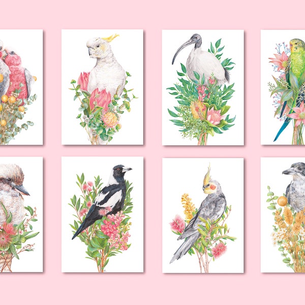 Set di 3, mescola e abbina stampe d'arte di uccelli australiani, fiori botanici, arte da parete in tre pezzi, animali uccelli decorazioni per la cameretta dei bambini