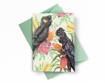 Black Cockatoo Greeting Card, Floral Blank All Occasions Card, Australian Parrot, Botanical Engagement Gift, Mothers Day Card for Bird Love