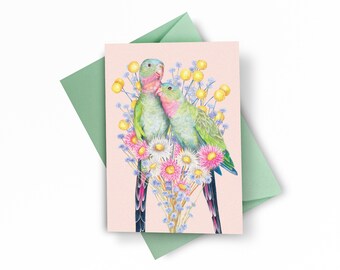 Princess Parrots Greeting Card, Blank Card of an Australian Parrot Couple for Romantic Occasions - Wedding, Anniversary, Engagement Gift