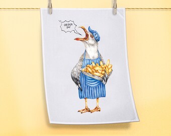 Seagull Tea Towel, Funny Kitchen Towel of a British Gull Working at a Fish + Chip Shop by the Seaside, Coastal Themed Homeware + Decor