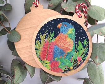 Wooden Ornament of Australian Birds - Rainbow Lorikeet - Hanging Decoration made from Eucalypt - Lightweight Souvenirs from Australia