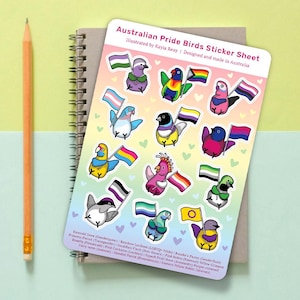 Feuille d'autocollants en vinyle Australian Pride Birds | Stickers LGBTQ+ animaux mignons | Queer, trans, bisexuel, pansexuel, lesbienne, allié, non binaire, etc.