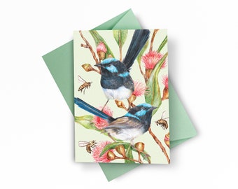 Superb Fairy-wrens Greeting Card - Floral Blank Card of Australian Blue Birds + Bees + Flowers, Garden Lover Gift, All Occasions Card