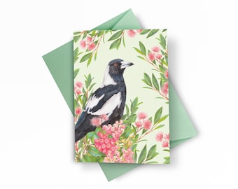 Australian Magpie Greeting Card, Botanical Blank Card for All Occasions, Flowers + Birds of Australia, Australian Animal + Nature Lover Gift