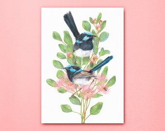 Superb Fairywrens Floral Art Print, Australian Birds, Blue Fairy Wren Artwork, Botanical Flowers Eucalyptus, Birds Wrens, Australiana Animal