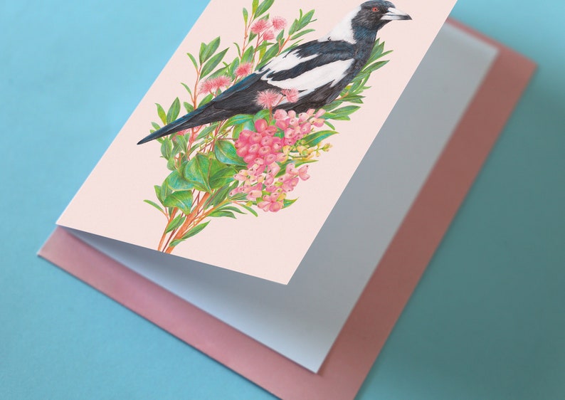 Australian Magpie Floral Greeting Card, Botanical Birds Blank Card, Wedding, Bird Lover Birthday Gift, Australiana Animals image 5