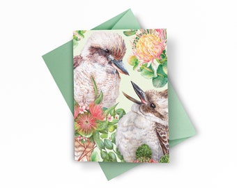 Laughing Kookaburra Greeting Card, Blank All Occasions Card of Australian Birds + Flowers, Botanical Illustrations, Bird Lovers Gift