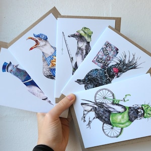 Ensemble de 5 cartes de voeux d'animaux rigolos en tenue | pingouin, mouette, cycliste pie, cacatoès palmiste | Jeu de cartes vierges stupides toutes occasions