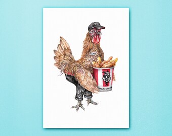 Tucker the Chicken Shop Chicken Art Print - Satirical Animal Artwork - Funny Animals in Clothes with Jobs - Birds in Hats