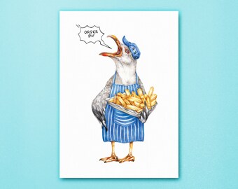 Gail the Chip Shop Gull Art Print - English Seagull + Fish and Chips - Funny Animals in Clothes with Jobs - Seaside Beach Cottage Wall Decor