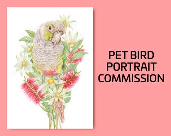 Custom Pet Bird Portrait, Hand Drawn Original Parrot Illustration, Handmade Unique Personalised Gift for Bird Lover, Floral Pet Memorial