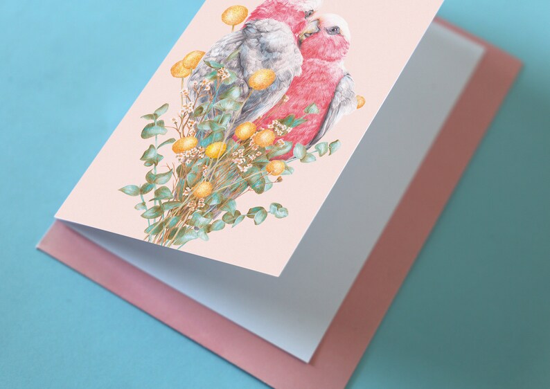 Galah Greeting Card, Pink Bird Love Blank Card with Envelope, Wedding Card, Valentine's Day Card Anniversary Gift, Australian Botanical Card image 5