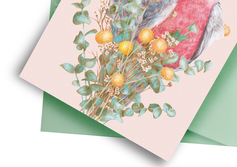 Galah Greeting Card, Pink Bird Love Blank Card with Envelope, Wedding Card, Valentine's Day Card Anniversary Gift, Australian Botanical Card image 3