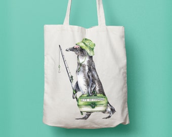 Fisherman Penguin Tote Bag, Cute Animal in Costume + Hat Going Fishing, Silly Animals Cotton Shopping or Book Bag for Beach + Fishing Lovers