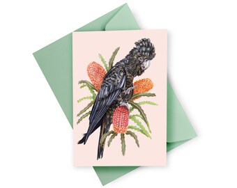 Black Cockatoo Floral Greeting Card, Botanical Australian Parrot Blank Card, Wedding, Anniversary, Couple, Engagement Gift