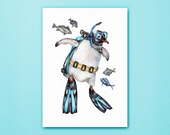 Sullivan the Scuba Diver Penguin Art Print - Cute Animal Wall Decor for Childrens Nursery - Funny Animals in Clothes with Jobs