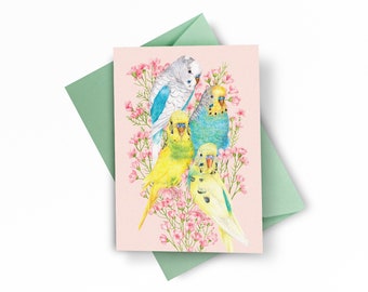 Budgie Greeting Card, Floral Card of Yellow and Blue Budgerigars / Parakeets, Blank Card for Bird Lovers + Pet Owners on All Occasions