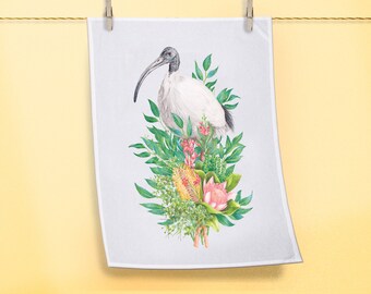 Bin Chicken Tea Towel, Australian White Ibis Kitchen Towel, Australian Birds + Flowers Dish Towel, Botanical Homewares on Organic Cotton