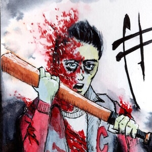 May include: Watercolour illustration of a person holding a baseball bat, splattered with red. The person wears a red and grey letterman jacket with a large red "C" on the chest. The background is a cloudy sky.