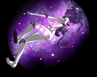 Spaced Out PRINT Violet astronaut sci-fi galaxy roygbiv rainbow woman