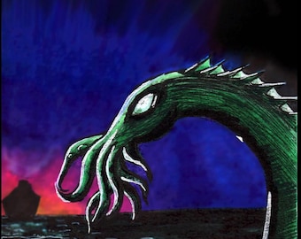 Altantic Crossing PRINT Lovecraftian cthulhu mythos sea monster illustration watercolor mixed media art print dagon necronomicon