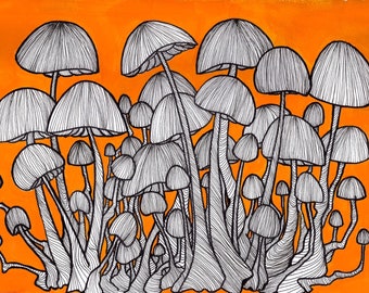 Mushroom Party PRINT mushroom fairy garden illustration limited palette black and white minimalist