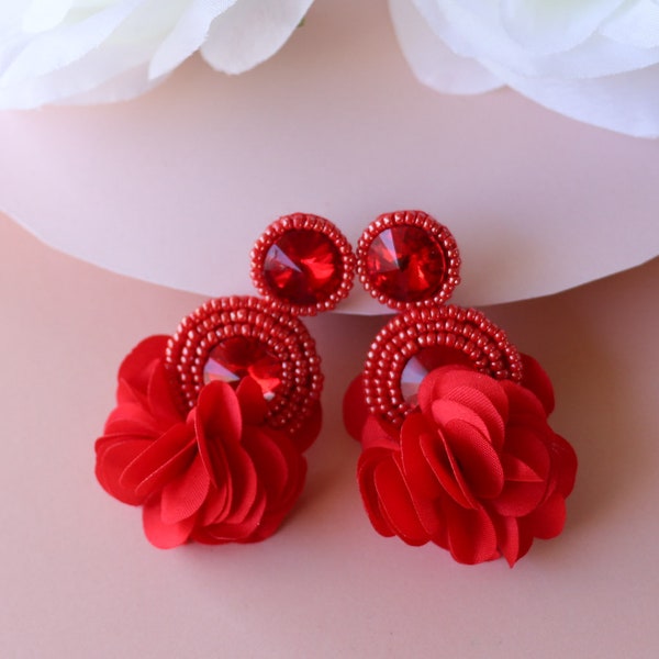 Scarlet Chinese Red Circle Beaded Floral Rhinestone Earrings, Flower Tassel Beadwork Statement Earrings, Bridesmaid Seed Bead Embroidered