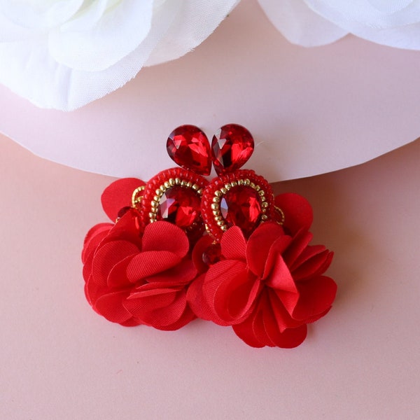 Vivid Chinese Red Beaded Crystal Flower Tassels Earrings, Floral Rhinestones Beadwork Wedding Bridal Statement Earring for Brides Bridesmaid