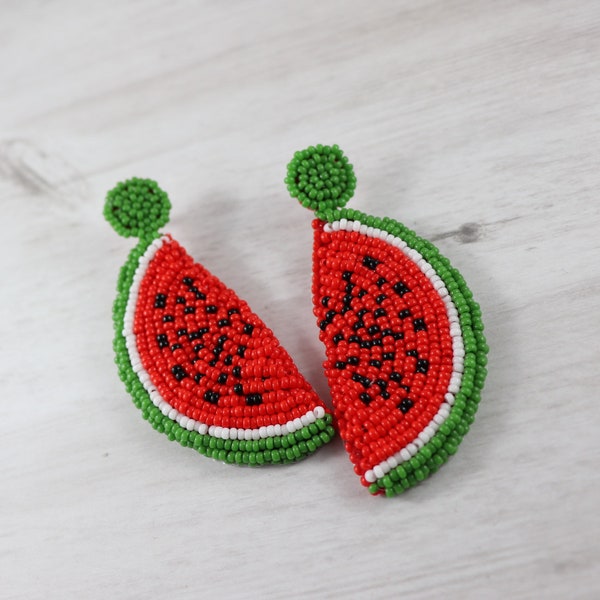Watermelon Beaded Earrings, Fruit Slice Earrings, Beaded Fruit Earrings, Tropical Statement Earrings, Fruty Frutal Jewelry, Resort Jewelry