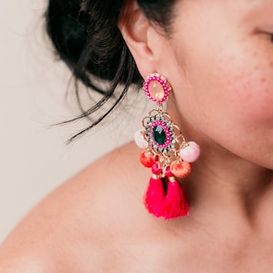 Pom Pom Tassel Earrings, Long Pom Pom Earrings, Pom Pom Garland Chandelier Earrings, Multicolor Mexican Statement Earring, Hot Pink Pom Pom